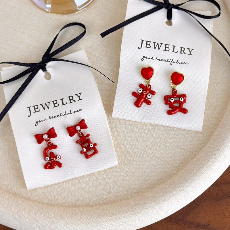 Premium Red Drop Earrings Festive New Year Sweet Fashion Peace Joy Lightweight Resin for Women
