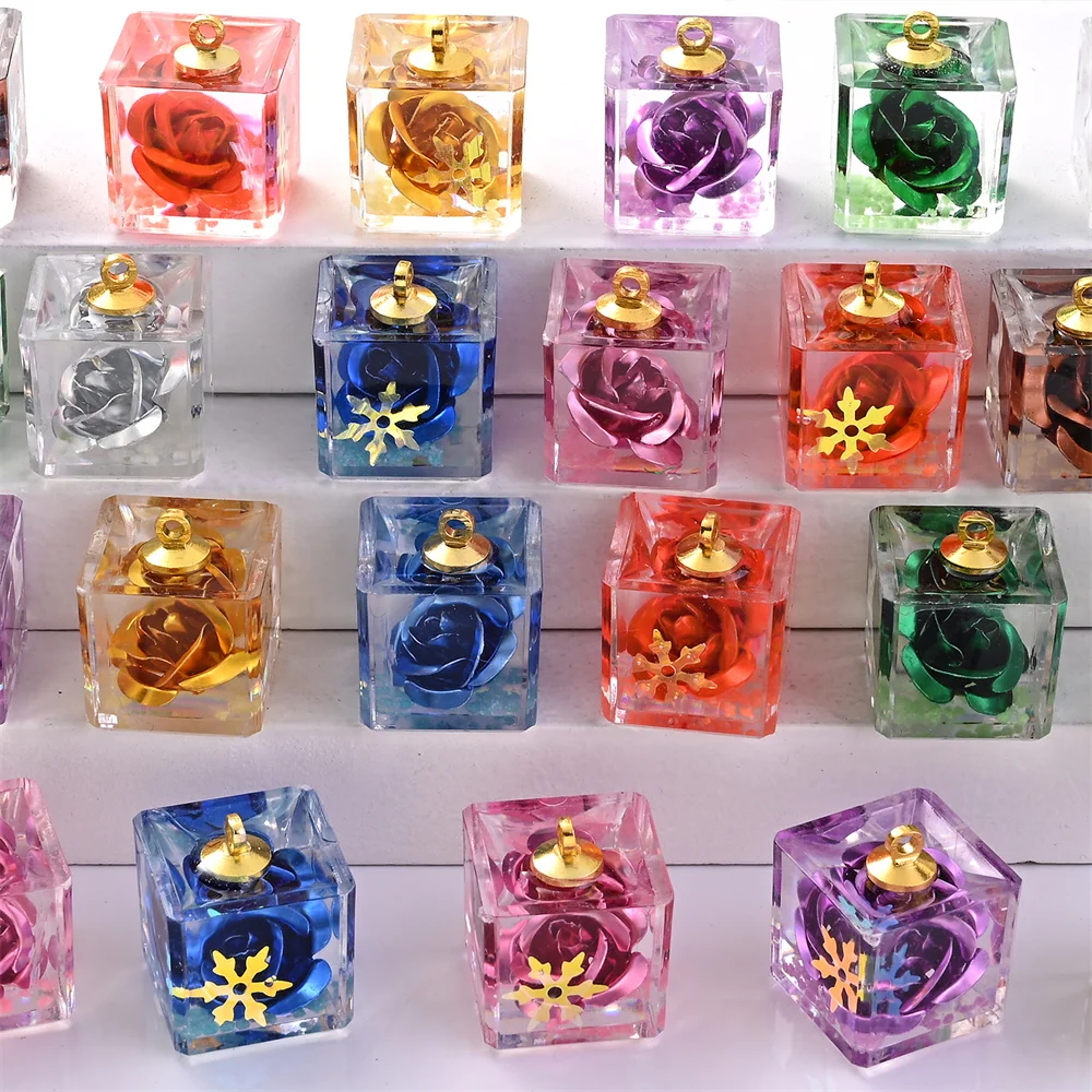 5 Stück transparente, quadratische, leuchtende Rosenblüten-Anhänger für DIY-Schmuckherstellung, Bastelarbeiten, Anhänger, Armbänder, Halsketten – Detail 9