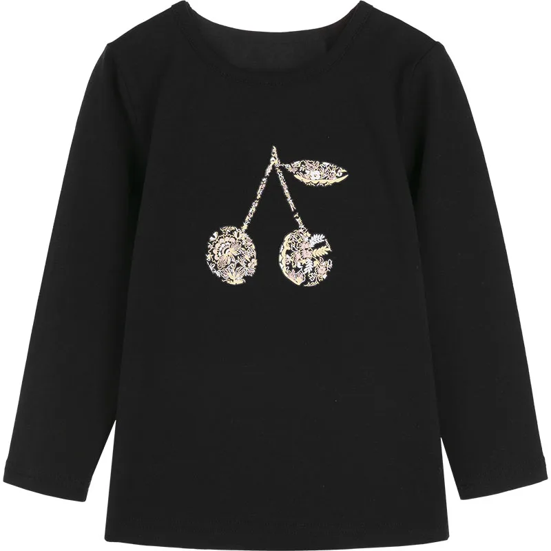 

Осень-зима, новый продукт, детская хлопковая футболка с вишневым принтом, милая футболка с круглым вырезом и длинными рукавами, удобный топ для девочек