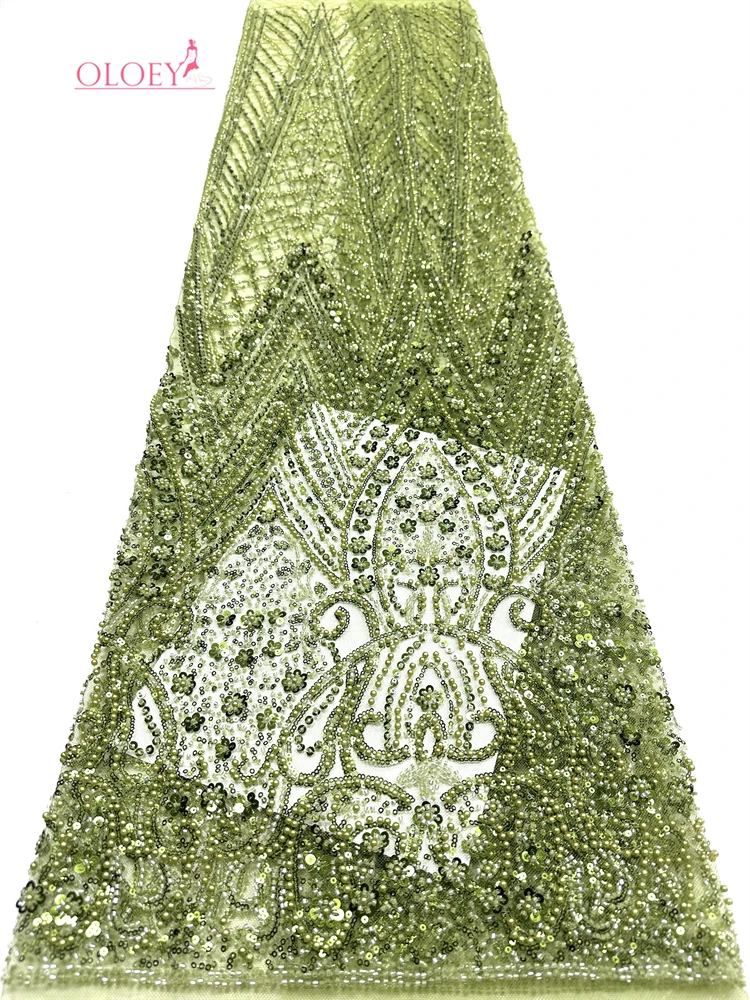 

OLOEY African French Nigerian High-End Tulle Lace Wedding Dress with Beads Sequins for Bridal Embroidery Party Sewing