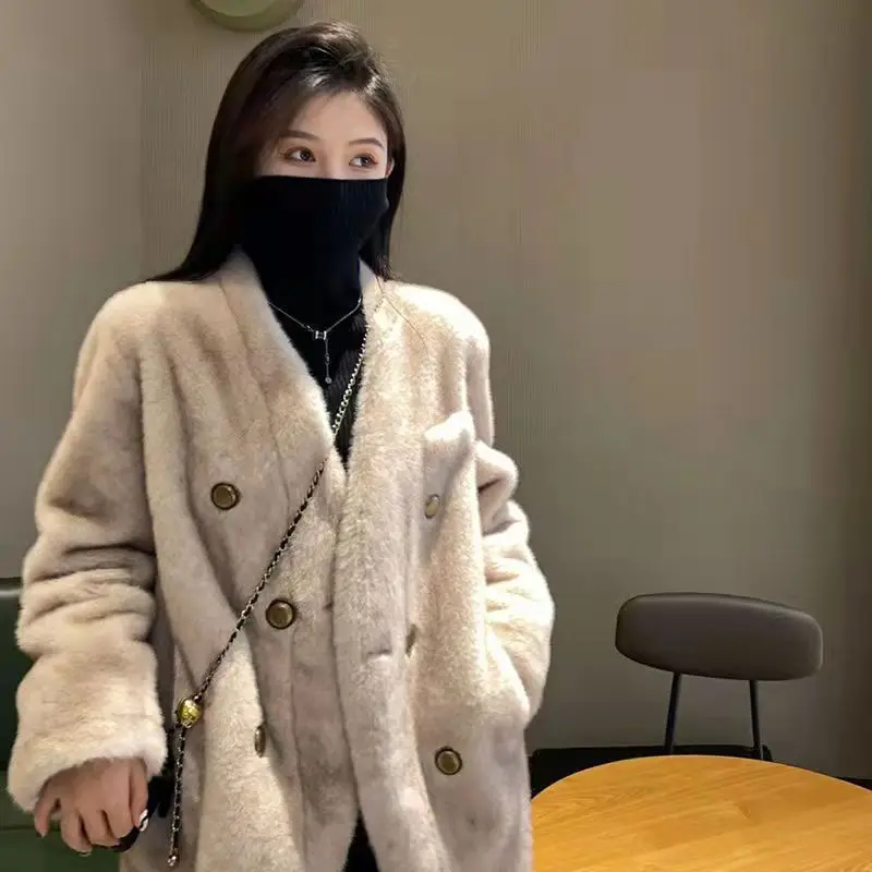 Winter Nieuwe Effen Kleur V-hals Lange Mouw Mode Uitloper Vrouwen High Street Casual Losse Knop Vest All-Match Dikke tops