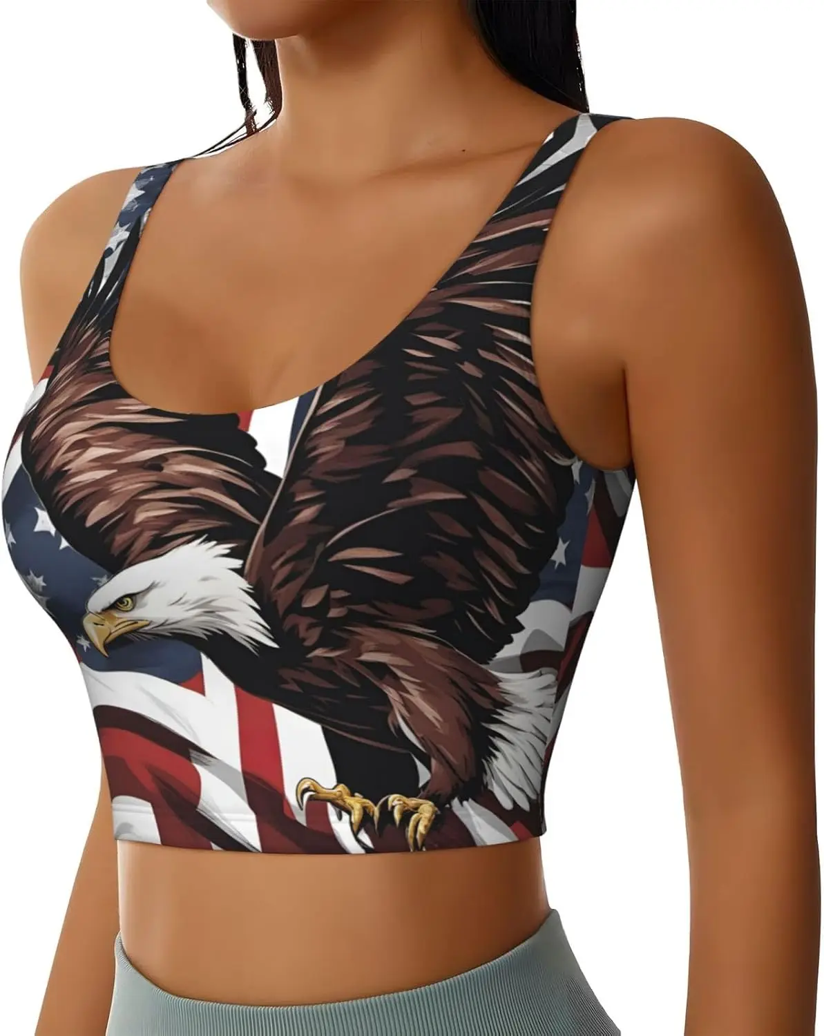 Águia com estampa de bandeira dos EUA Regatas de treino femininas Racerback Colete esportivo sem mangas para academia, ioga atlética