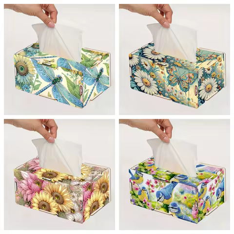 1 DIY Dragonfly/bird/flower pattern diamond painting set, rectangular painting spliced 3D wooden tissue box