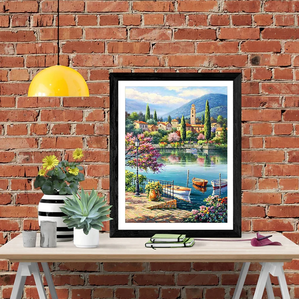 LZAIQIZG 5D Diamond Painting Sea Boat Town Diamond Embroidery Landscape Picture Cross Stitch Handicraft Decoration For Home