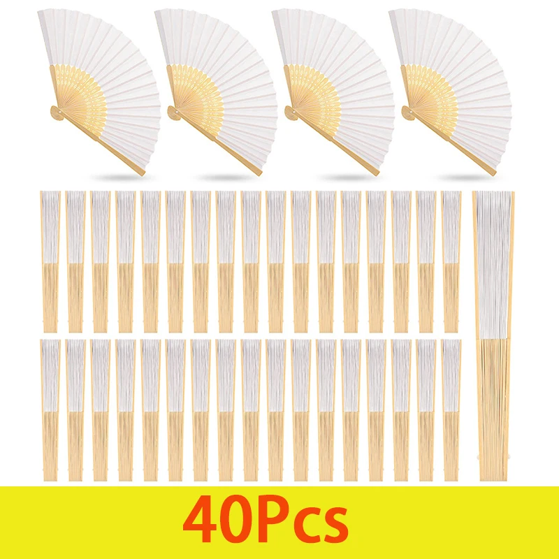 40Pcs White Folding Fan Paper Bamboo Folding Fan Handheld Fans For Wedding, Party Decoration