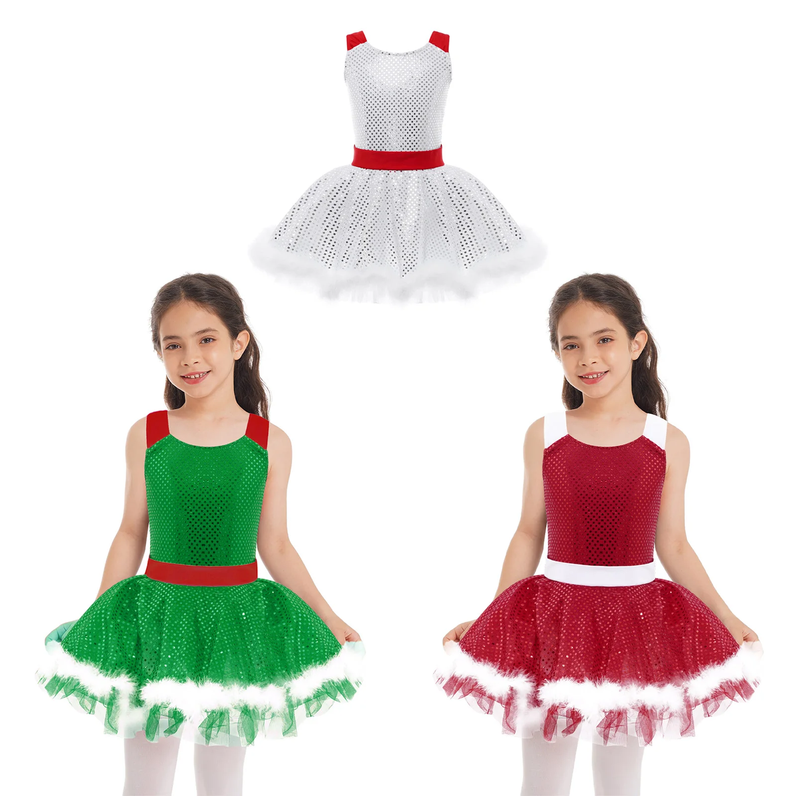 Kids Girls Sleeveless Sequins Tutu Dress Figure Ice Skating Dress Christmas Dance Costume Gymnastics Leotard Dress Fancy Costume