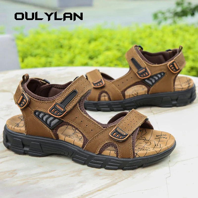 Oulylan Summer Men Sandals Genuine Leather Casual Shoes Outdoor Men Leather Sandals for Men Beach Shoes Roman Male Shoes