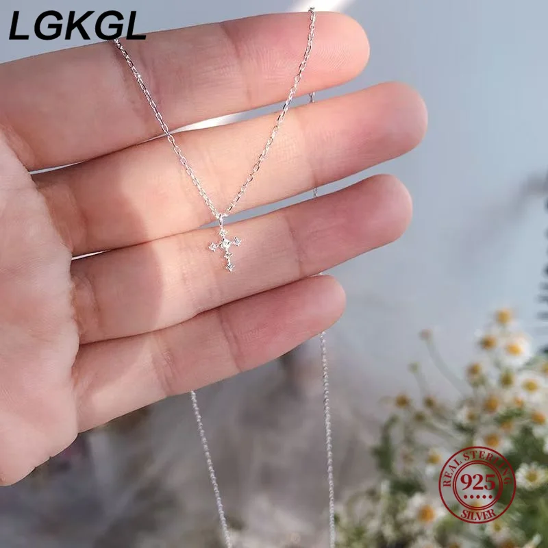 LGKGL ريال 925 فضة الزركون الصليب قلادة القلائد للنساء الحد الأدنى ضوء فاخر غرامة مجوهرات كوريا لطيف الملحقات