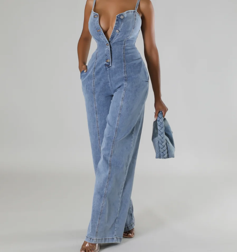 Combinaison en jean à bretelles pour femmes, mode décontractée et Sexy, pantalon à jambes larges