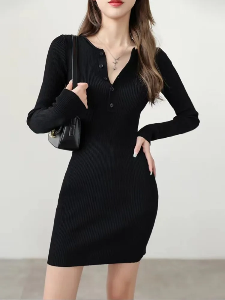 DURIKIES Damen V-Ausschnitt Bodycon-Kleider Frühling Sommer Langarm Gestricktes Knopf-Minikleid Streetwear Eng Anliegendes Hüftbetontes Sexy Kleid