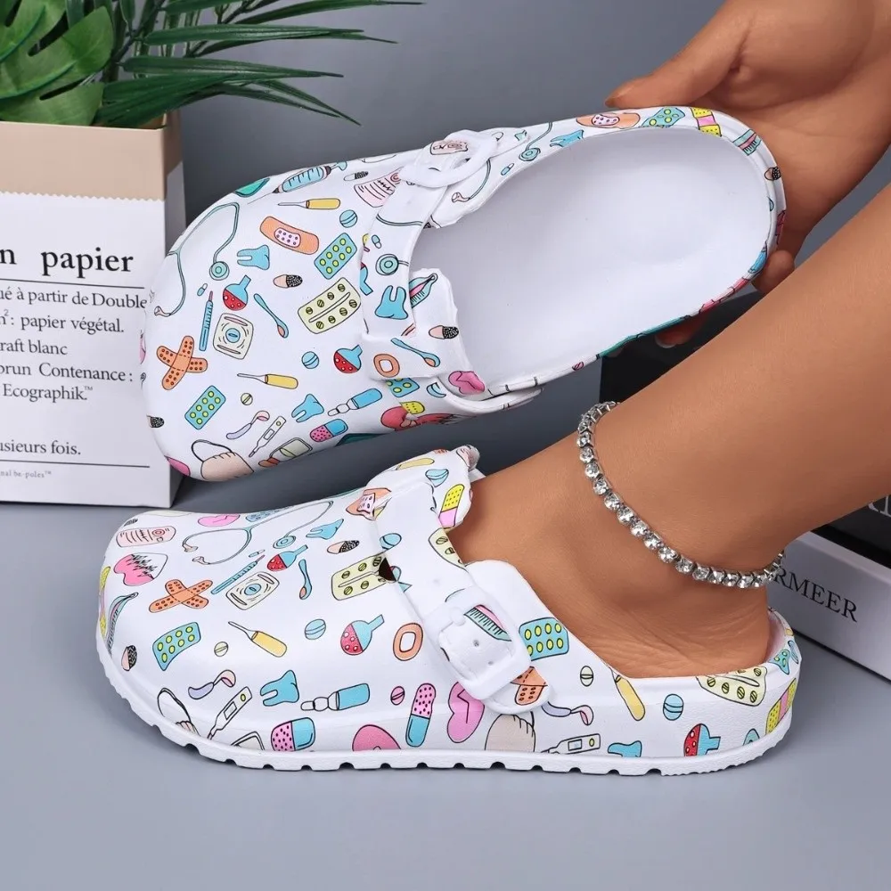 

Work Shoes Fashion EVA Work Shoes Anti-slip Printed Flat Sllippers Adjustable Buckle Soft Sole House Slippers