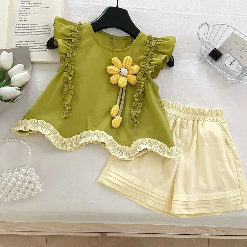 

Summer Girls' Outfit2025New Style Flutter Sleeve Lace Floral Shirt and Shorts Two-Piece Set Wholesale
