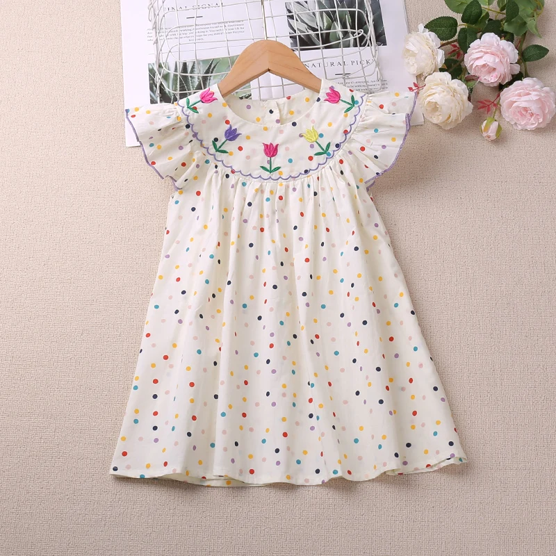 Summer Dress Kids Clothing Round Collar Blossom Print Dress Casual Girls Lace Princess Dress Children Costume 2-7 Y