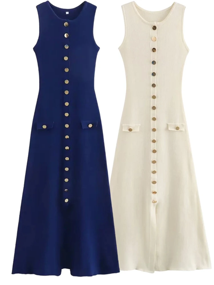 HH – Robe longue tricotée pour femmes, élégante, Slim, col rond, sans manches, simple boutonnage, fausses poches, mode bureau, 2024