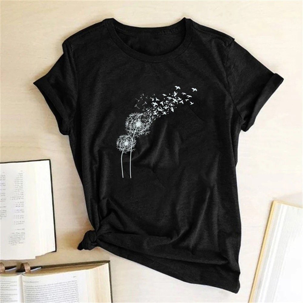 Seeyoushy Dandelion Pigeon Print Funny T-shirts Women Casual Woman Clothes Top Summer Tee for Ladies Camisetas Mujer Manga Corta