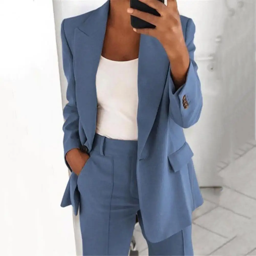 Turndown Collar Women Blazer Long Sleeve Buttons Blazer for Dating Suit Jacket Solid Color Women\'s Coat