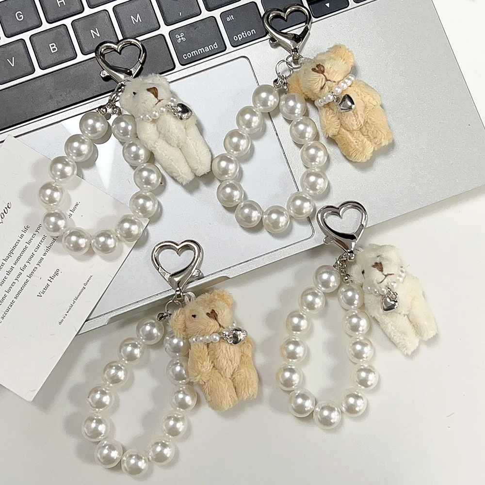 Fashion Pearl Keychain Charming Conjoined Teddy Bear Phone Chain Keychain Car Keys Women Handbag Phone Accessories Heart Keyring image 6