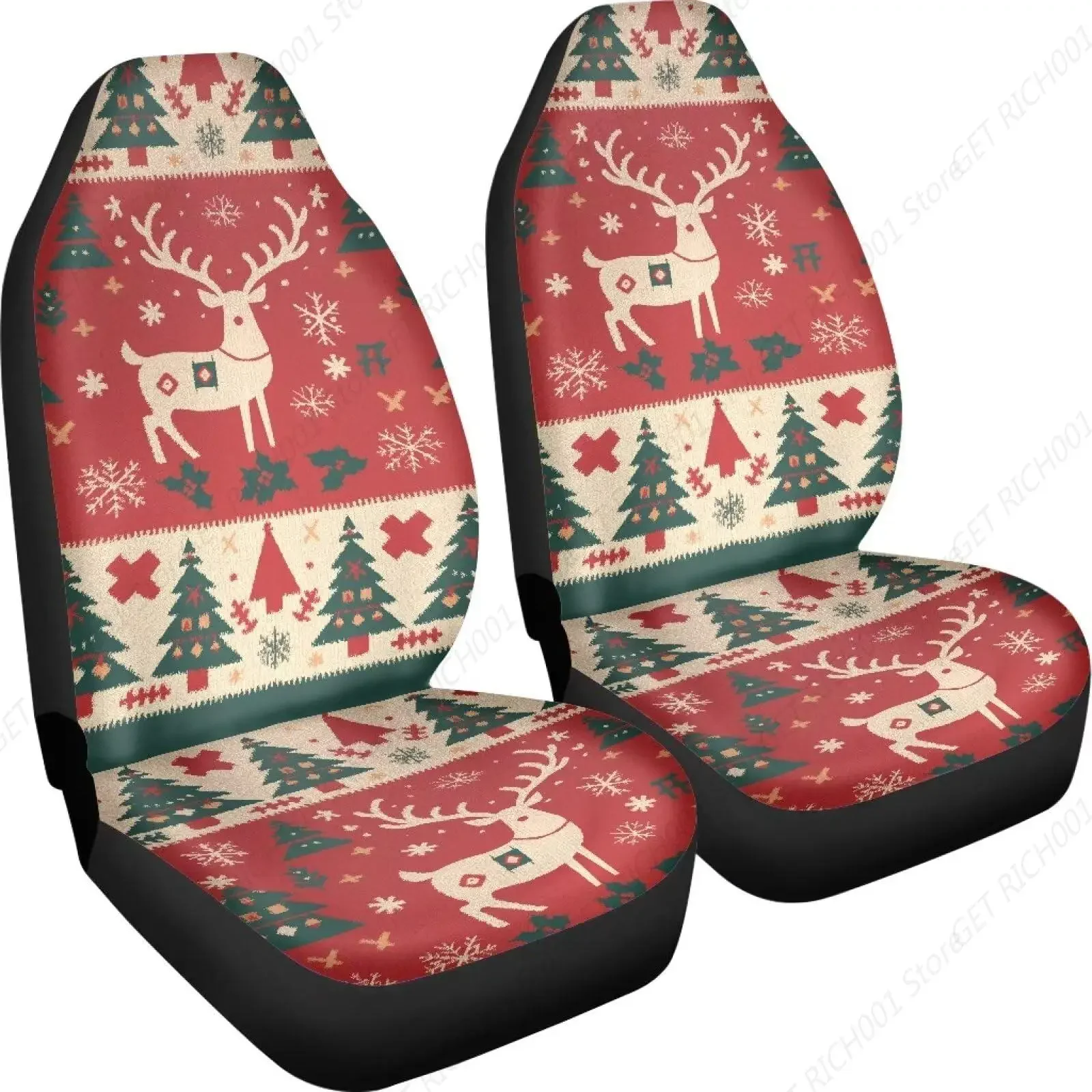 

Christmas Deer Car Front Seat Covers Full Set with 2 Piece Polyester Stretchy Automotive Interior Accessories Universal
