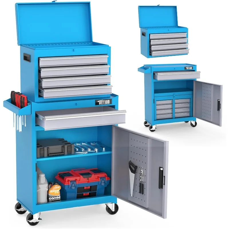 خزانة أدوات دوارة مكونة من 5 أدراج، وخزانة تخزين الأدوات مع أدراج، وعجلات قابلة للقفل، وعلوي قابل للفصل ورف قابل للتعديل