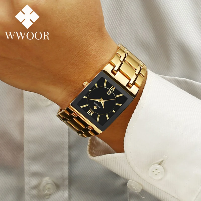 Fashion Stainless Steel Watches Men 2024 WWOOR Square Waterproof Quartz Watch Men Top Brand Luxury Gold Black Wristwatch For Man