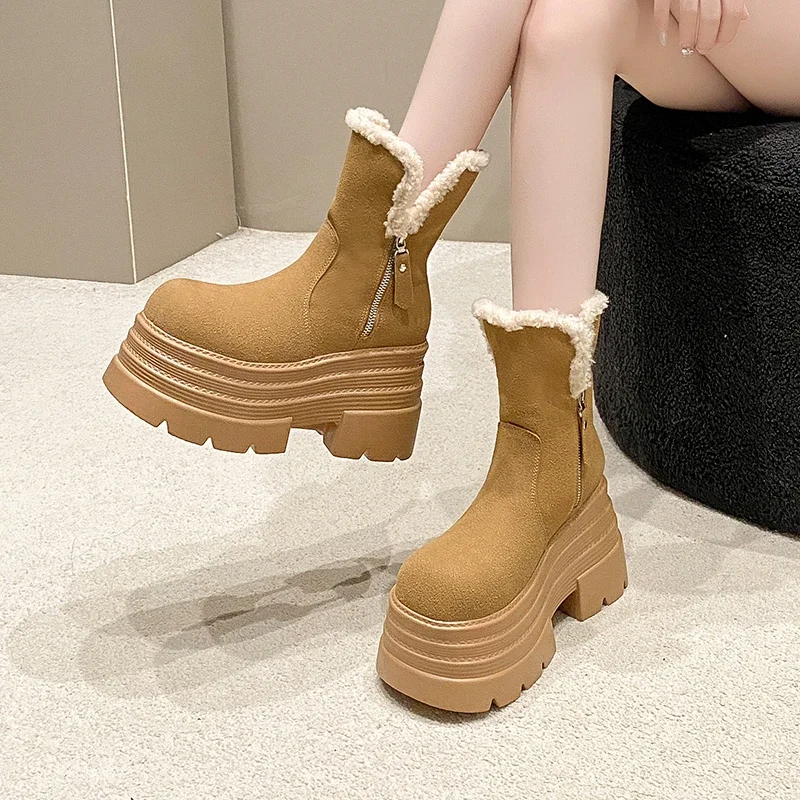 10CM Winter Warm Snow Boots Women High Platform Fur Mid-Calf Boots Thick Bottom Plush Shoes Female Heels Chunky Leather Sneakers