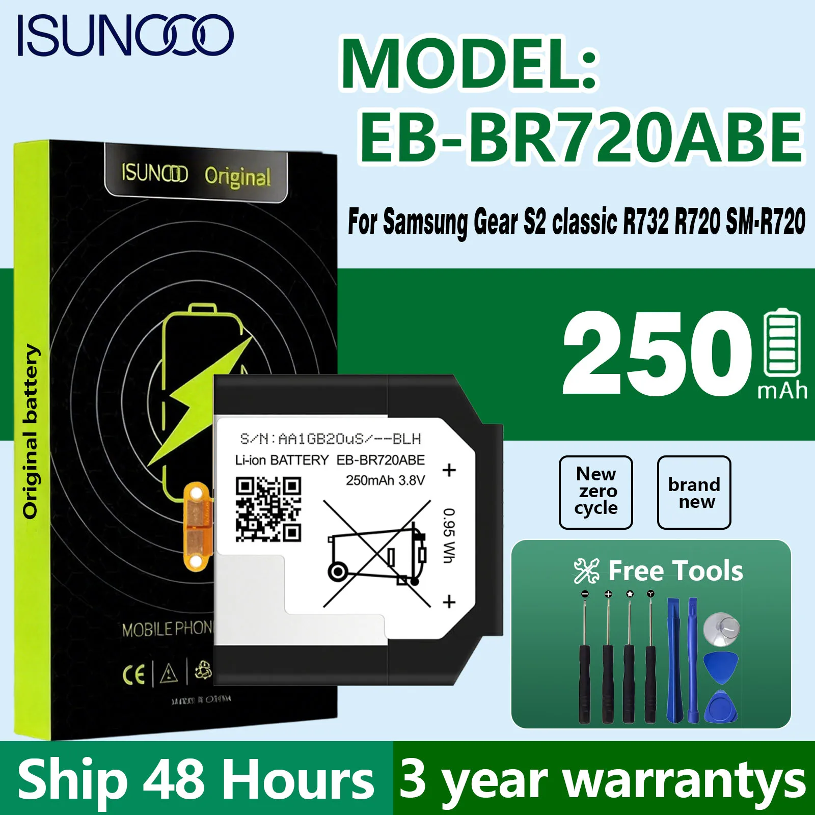 New EB-BR720ABE Battery For Samsung Gear S2 Classic R732 R720 SM-R720 250mAh Batteries + Free Tools