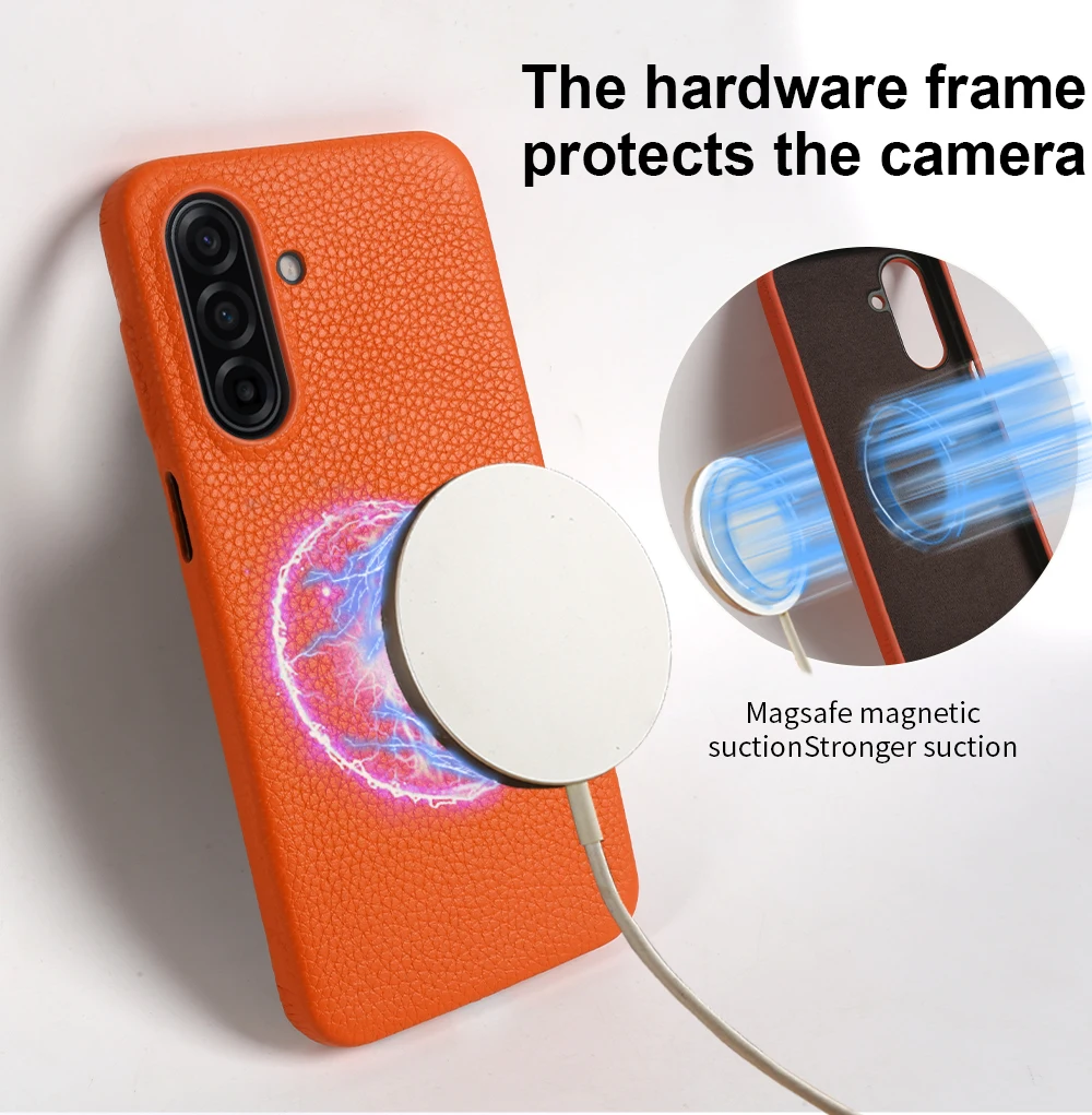 Magnetyczne etui z prawdziwej skóry liczi z obsługą MagSafe do Samsung Galaxy A56 A17 A26 A56 A55 A35 A15 A25 A54 A16, tylna obudowa na telefon — zdjęcie produktu 4