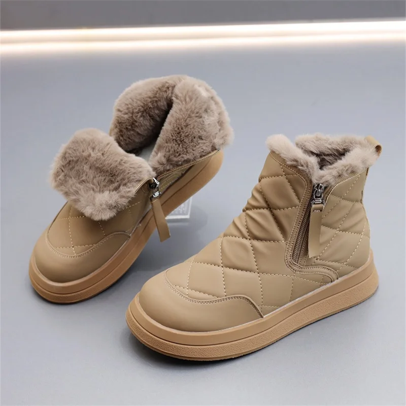 Winter Casual Ankle Boots Comfortable Classics Botas Mujer Simple Side Zipper Leather Shoes Warm Non-Slip Cozy Outside Sapato