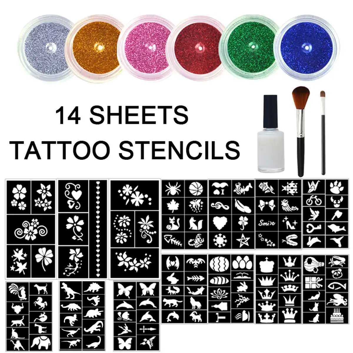 Juego de tatuajes con flash temporal, tatuajes con flash divertidos de 6 colores, adecuado para pintura corporal, viene con 14 plantillas únicas, patrones de plantilla y pincel de pegamento, fácil de aplicar y quitar, adecuado para graduación, ceremonia de apertura escolar, Halloween, Navidad, festival de música, boda, viajes, fiesta de maquillaje QlaZh
