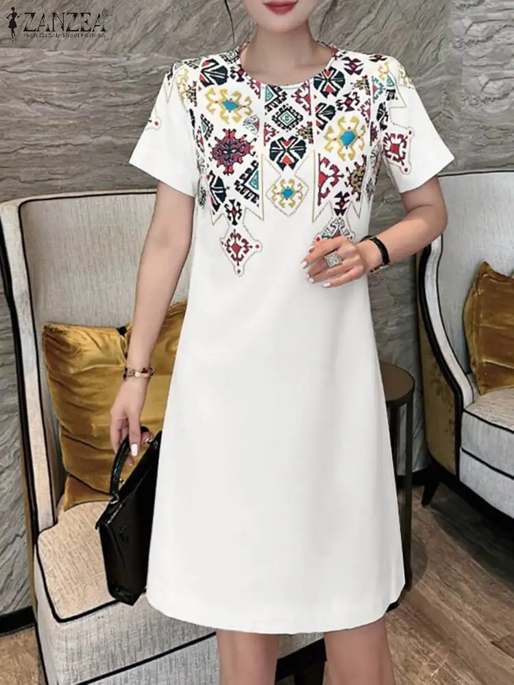 

Summer Party Dress ZANZEA Stylish Women Short Sleeve Floral Vestidos Printed Robe Femme Elegant Holiday Work Sundress Sarafans