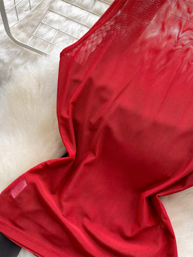 Kobiety Red Mesh Crop Top 90s Vintage Y2k Camisole Off Shoulder Bandage Corset Top Vest Sexy Tank Tops Emo 2000s Coquette Clothes