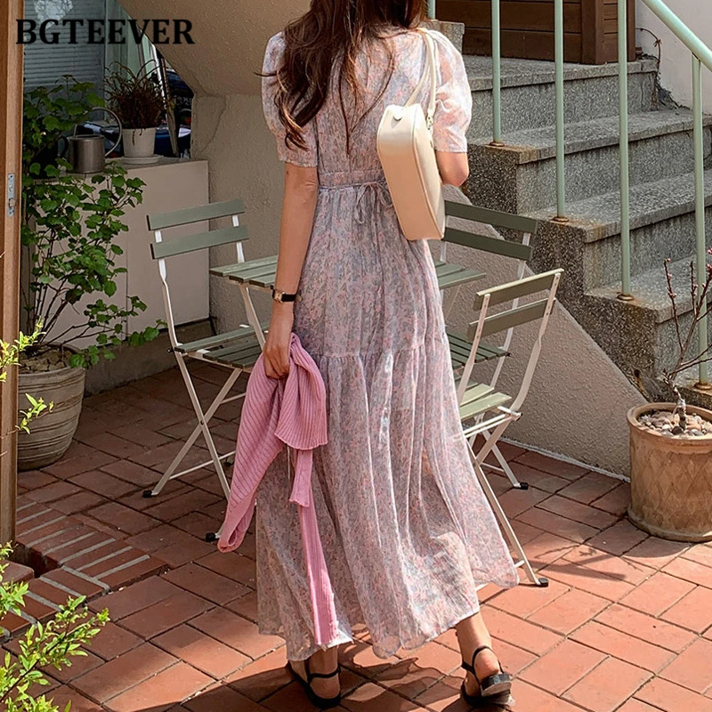 BGTEEVER-vestido floral vintage com o pescoço para mulheres, cintura fina elegante, manga folhada, vestido em linha A para senhoras, verão