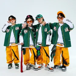 Hip Hop Kids Green Baseball Jacket Solid Cargo Pants Boys Girls Cool Streetwear Children Jazz Clothes Sets Street Dance Costumes