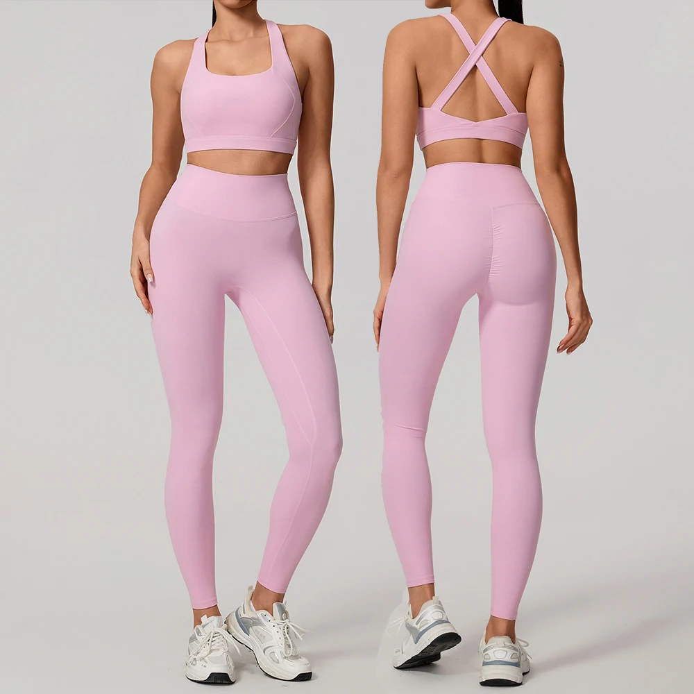 

Seamless Yoga Suit Gym Set Halter Bra Yoga High Waist Leggings Sports Set Backless Tights Vest Women Sportswear Athletic Wear