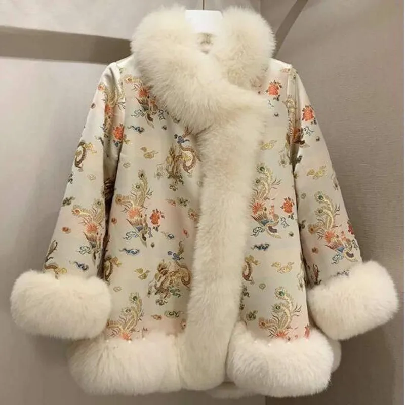 Plus Size satin print  Winter Women Coat Thick Warm Faux Fur Outerwear Fashion Female Clothing Festival Casual Street