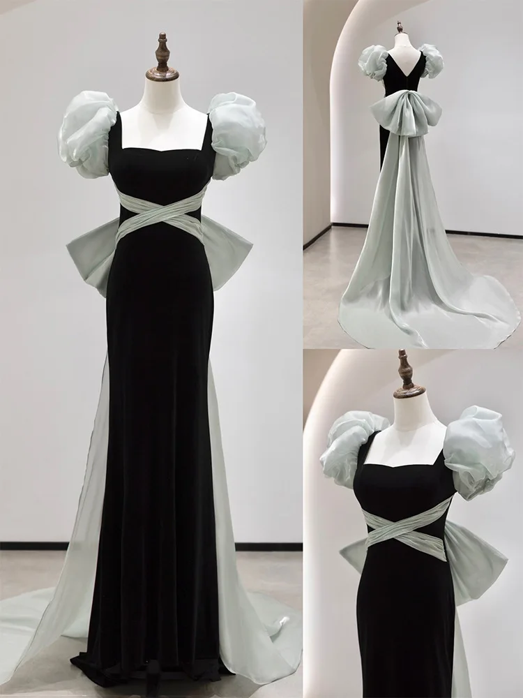 

Elegant Princess Black Square Neck Bow Evening Dresses Women Puff Sleeve Prom Party Gowns Robe De Soriee