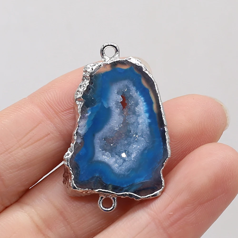 Natural Stone Irregular Shape Druzy Agate Silver Edge Pendant Connector for Making DIY Bracelet Accessories 20x30-25x35mm