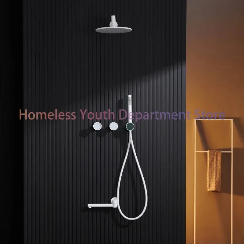 Luxury White Embedded Brass Shower System Simple Design Wall Mounted 2 Handle Hot & Cold Water 3 Function Bathroom Faucet