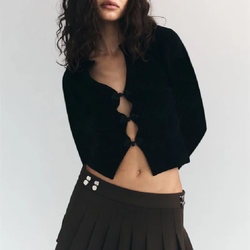 WhereMery Sexy V-neck Hollow Top Chinese Knot Long Sleeve Knitted Summer Slim Fit Waist T-shirt Top Party Nightclub 2024 Women