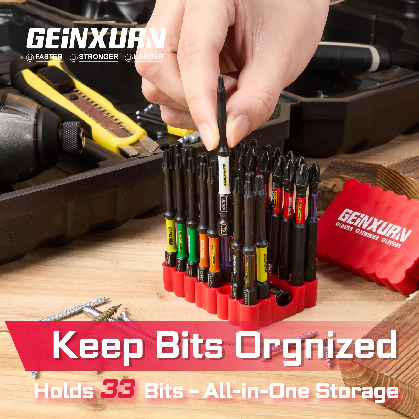 Geinxurn 33PCS Impact Screwdriver Bits Set, 3” Magnetic （Phillips/Square/Torx)S2 Steel Bits with Bit Holder & Soft Base