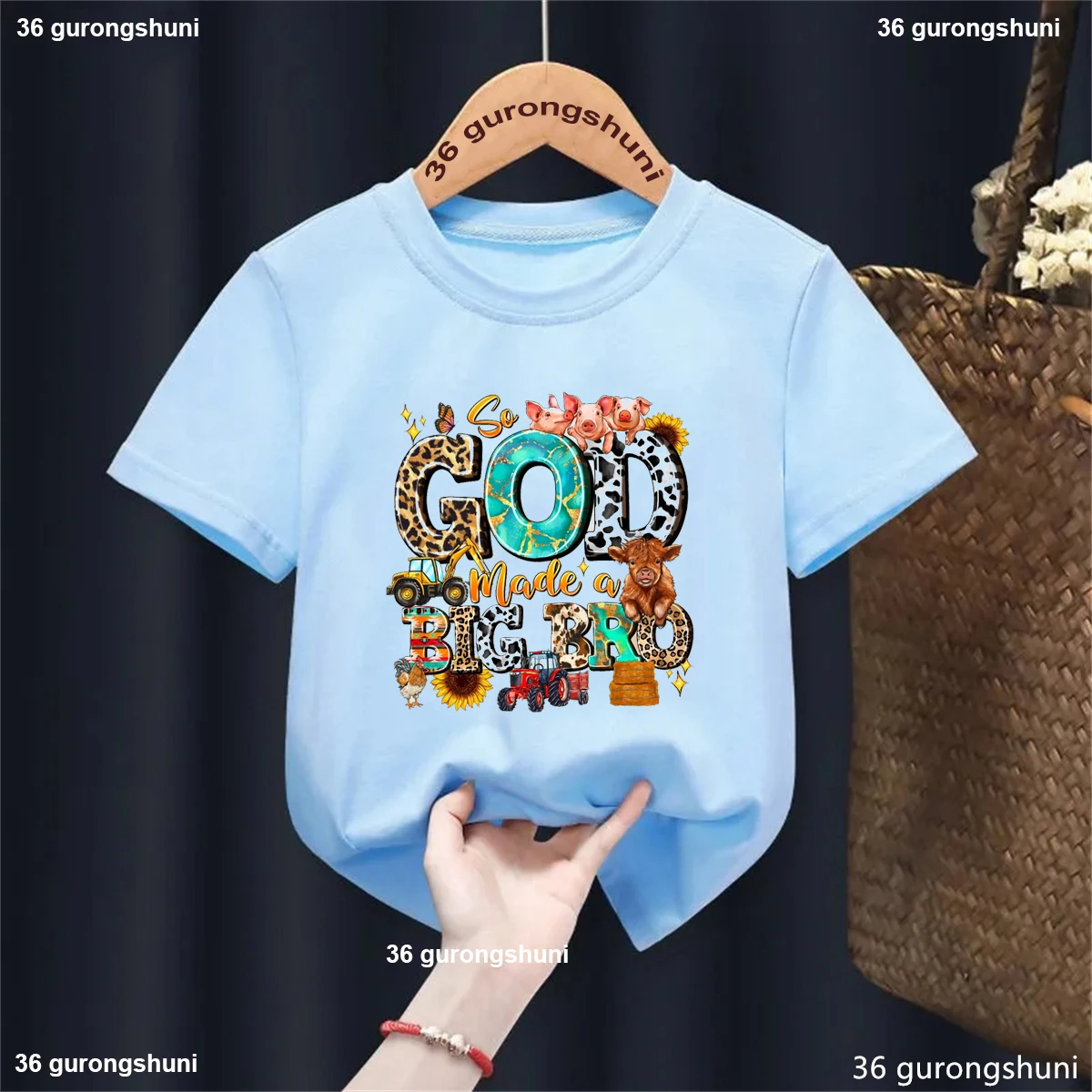 

Harajuku Kawaii Kids Clothes So God Made A Big Bro Pig Cow Excavator Printed T Shirt Boys Summer Fashion Solid T-Shirt