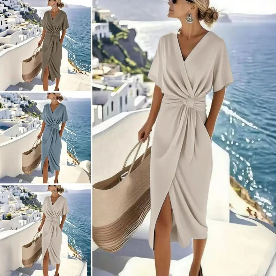 

Summer Elegant Split Long Dress V Neck Waist Draped Woman Fashion Solid Irregular Party Dress Short Sleeve Slim Vacation Dresses