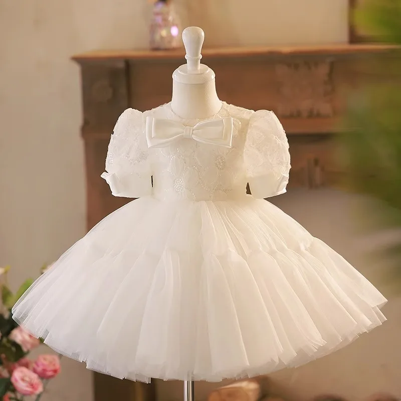 White Lace Girl Dress with Bow Elegant Toddler Tutu Party Dresses Girls Formal for Birthday Party Kids Baby Clothes Costumes