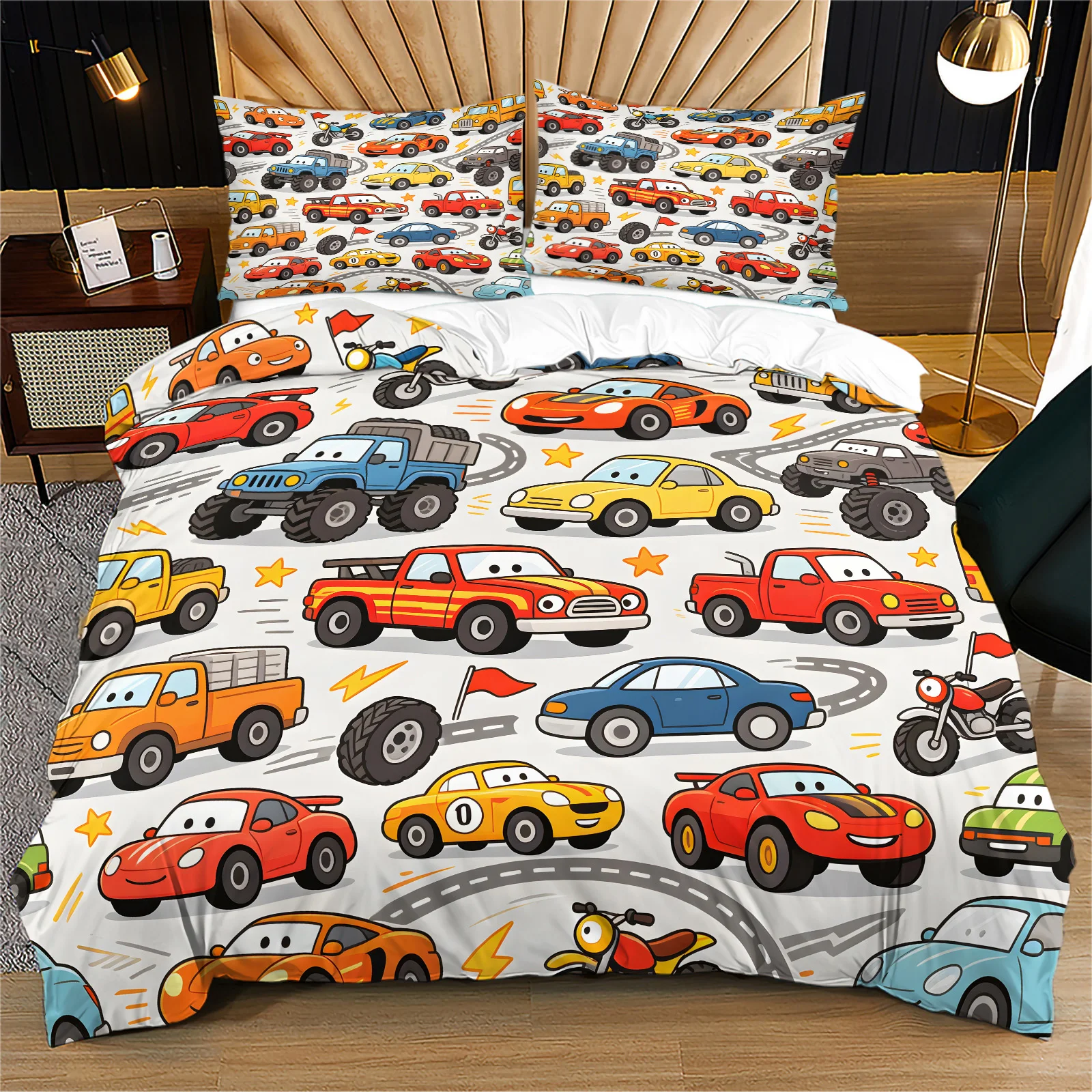 Racing Vehicle Print Duvet Cover Set Cartoon Sports Car Monster Truck Bedding Linen Decorative Bedding Set for Bedroom Dorm