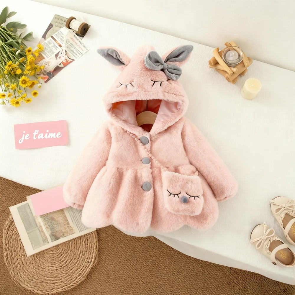 Baby Girl Coat Fall/Winter Solid Color Long-Eared Hooded Girls Jacket Cute And Warm Baby Girl Jacket Top Baby Girl Clothing
