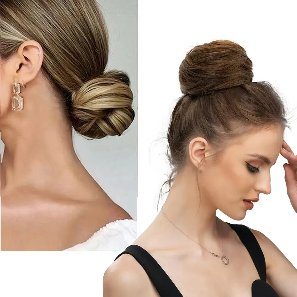 أزياء رقيق فوضوي كعكة Scrunchies مستقيم الشعر مطاطا كعكة الشعر الاصطناعية الذهبي براون المطاط الفرقة أوبدو تصفيفة الشعر