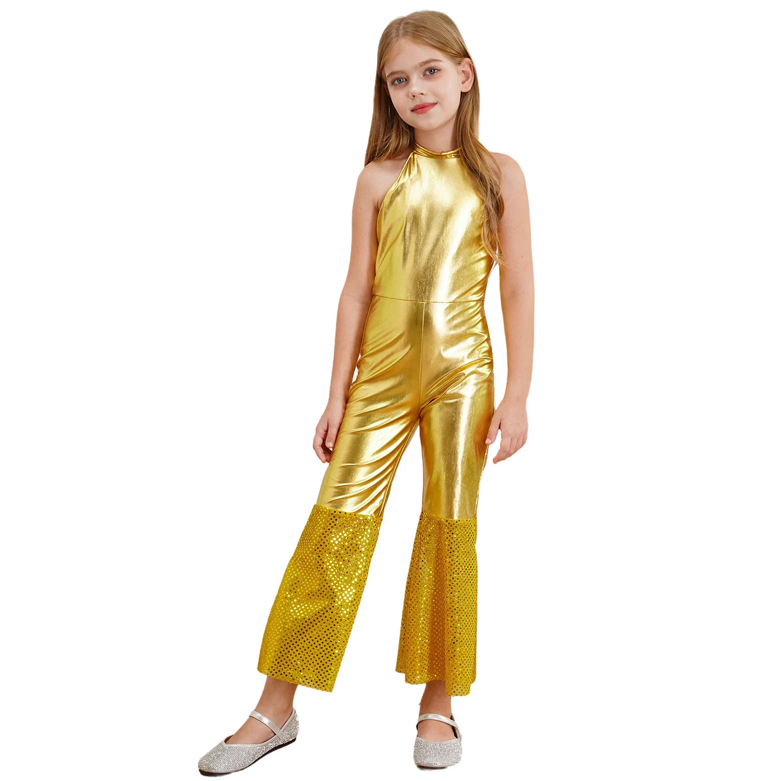 Kids Girls Forum Disco Costume 60s 70s Groovy Hippie Metallic Jumpsuit for Halloween Party Festivals Dance Stage Performance