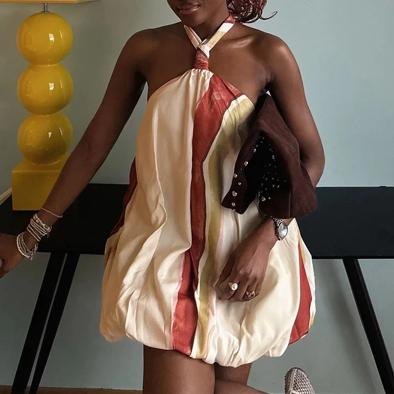 

Summer Off Shoulder Pleated Party Short Dress Casual Hollow Out Pleated Dress Vintage Color Blocked Sleeveless Halter Mini Dress