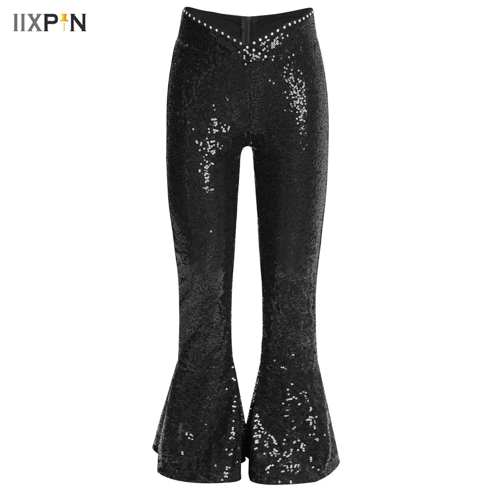 

Kids Girls Jazz Latin Dance Pants Rhinestones Sequin V-Front Waistline Zipper Flared Pants for Dance Performance Competition