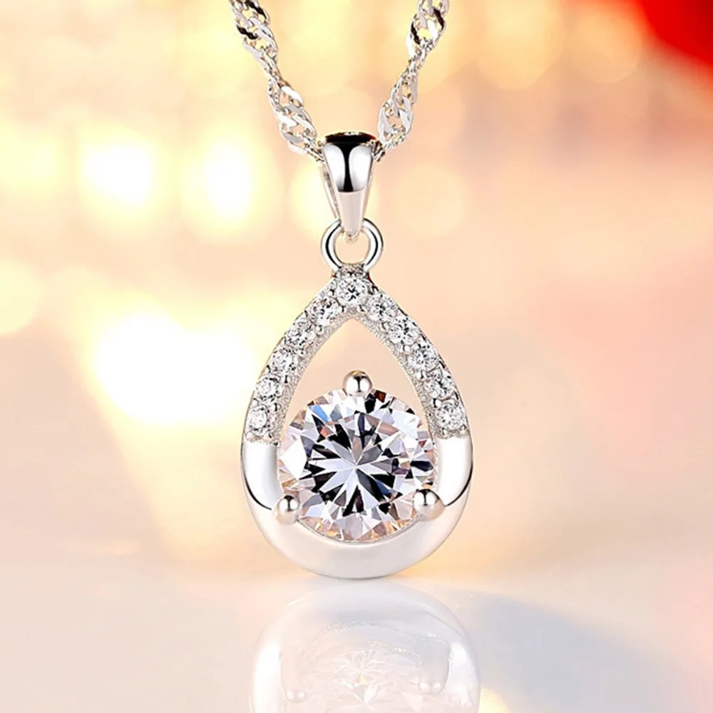 

925 Sterling Silver Stylish Simple Water Drop Diamond Zircon Pendant Necklace Birthday Party Anniversary Gift